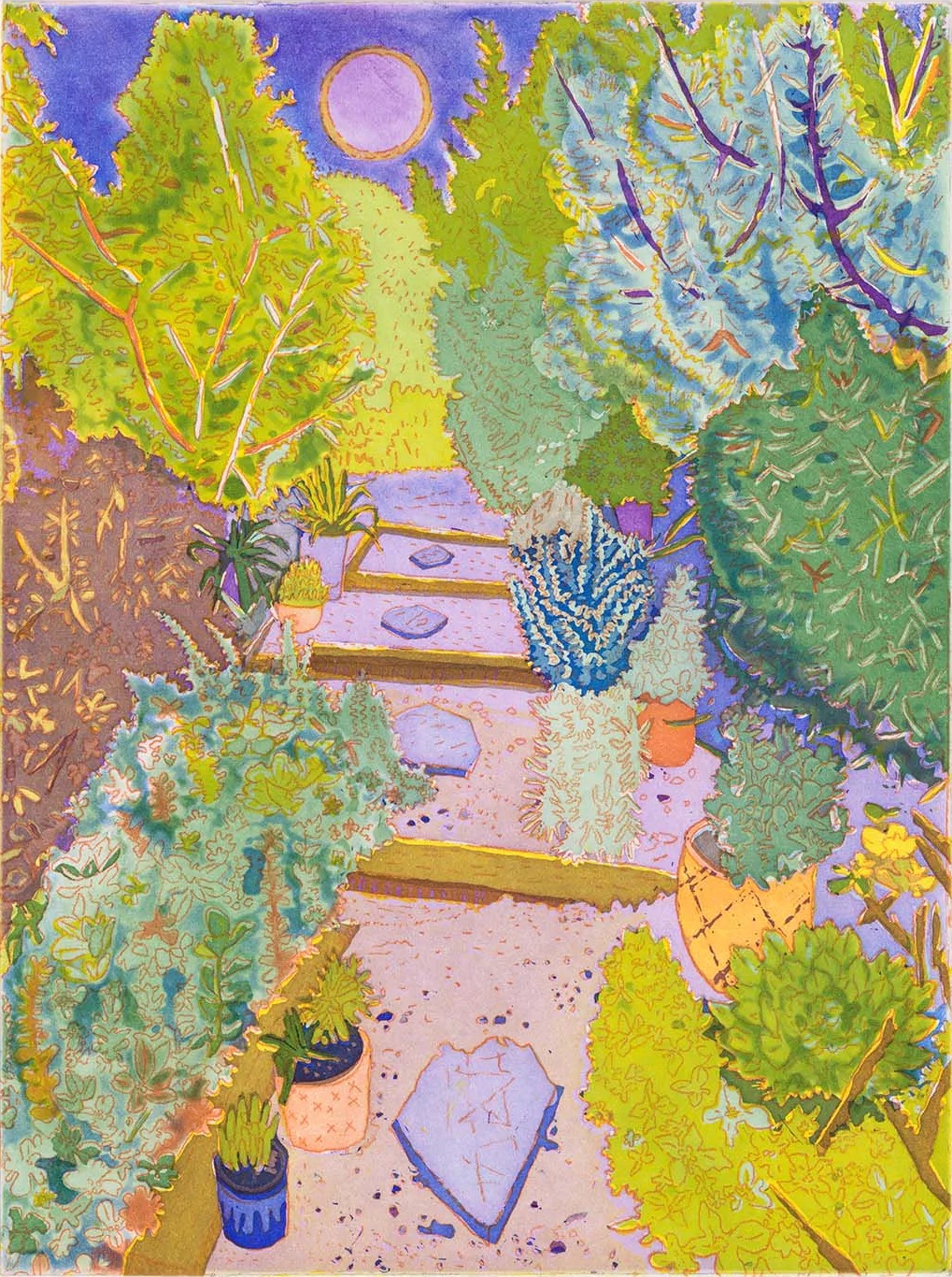 A brightly colored painting of foliage with a path going through it. In the sky above is a gold ring.