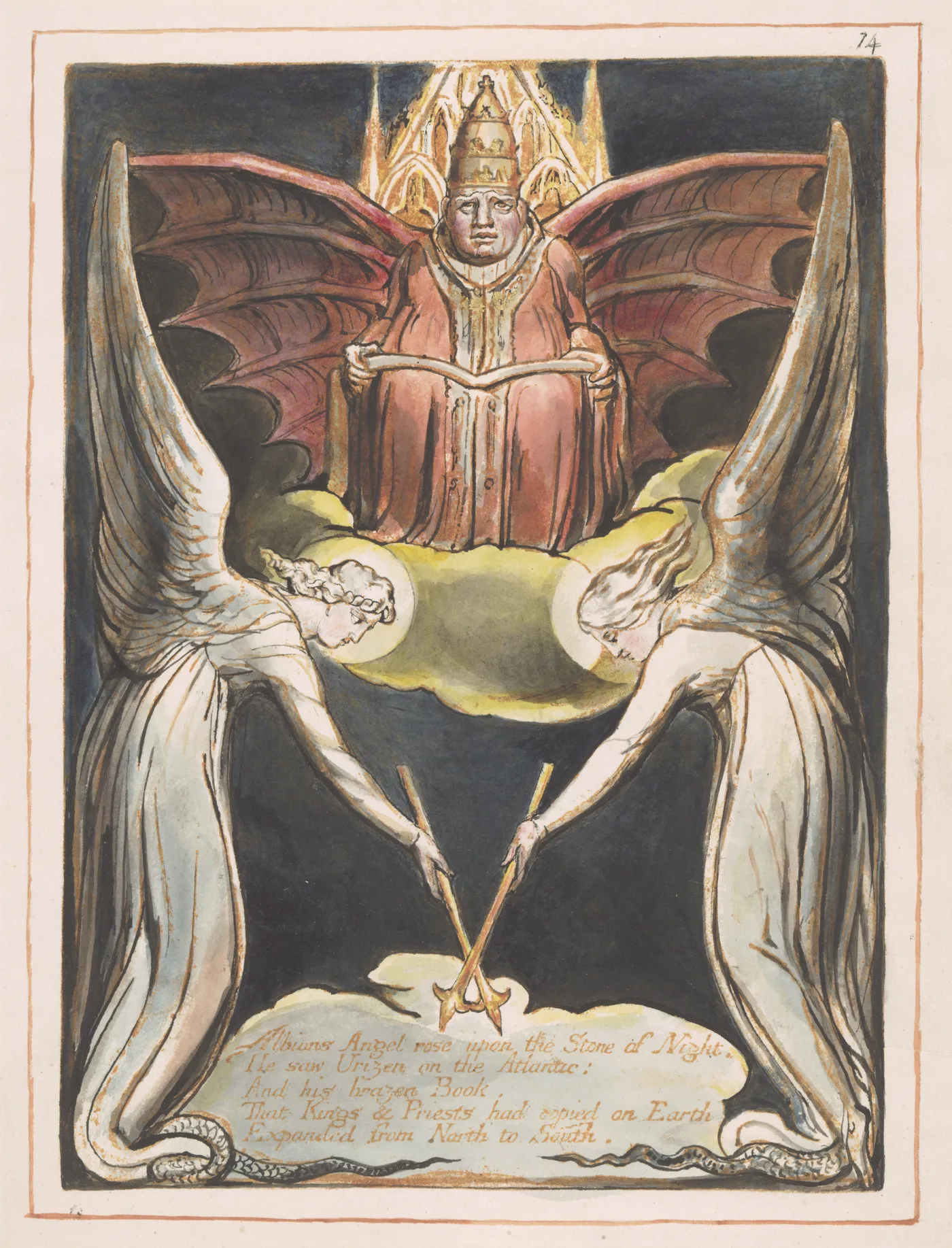 A watercolor religious scene with a pope or bishop-like figure in red robes and a tall headdress seated at the top, with bat-like wings behind him. Below, two white-robed angels with large wings hold measuring instruments over a yellow cloud, while handwritten text appears at the bottom on a scroll-like element.