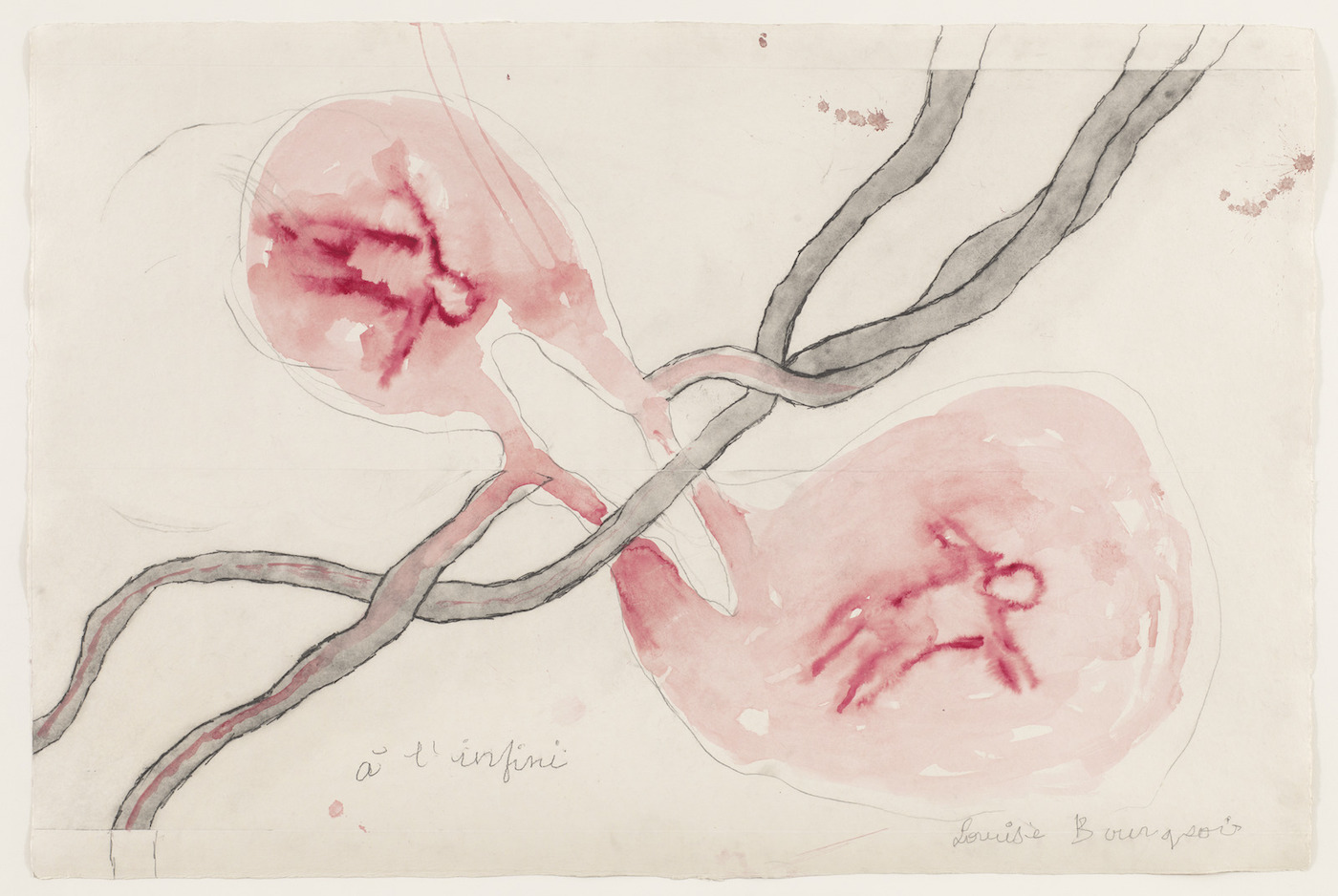 Etching with watercolor and gouache. Two red human figures painted in simple, blurry lines inside round light red forms connected by two tubes, which also connect to gray twisting tubes.