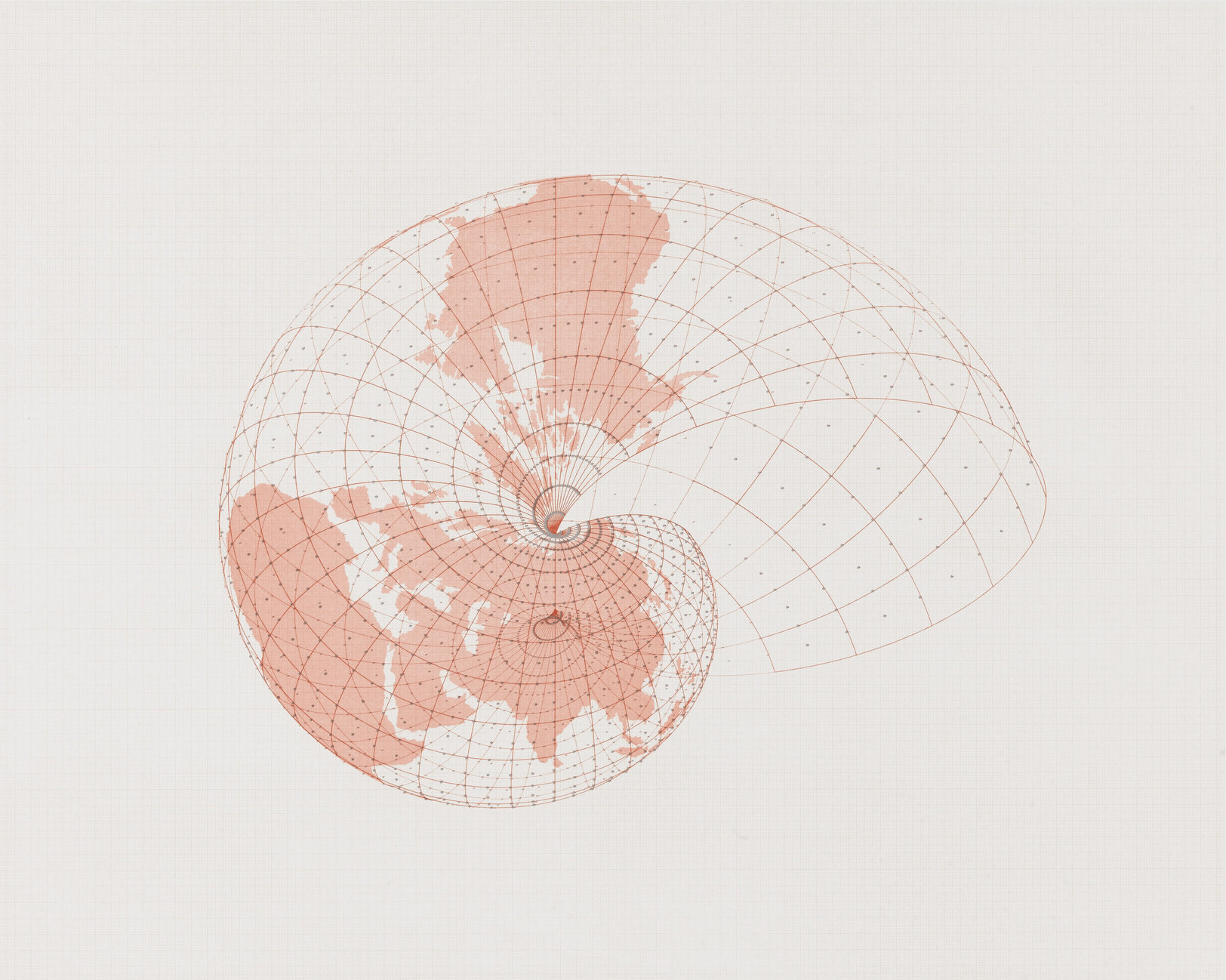 Map of the world projected onto a three dimensional grid in the form of a snail shell (spiraling cylinder)