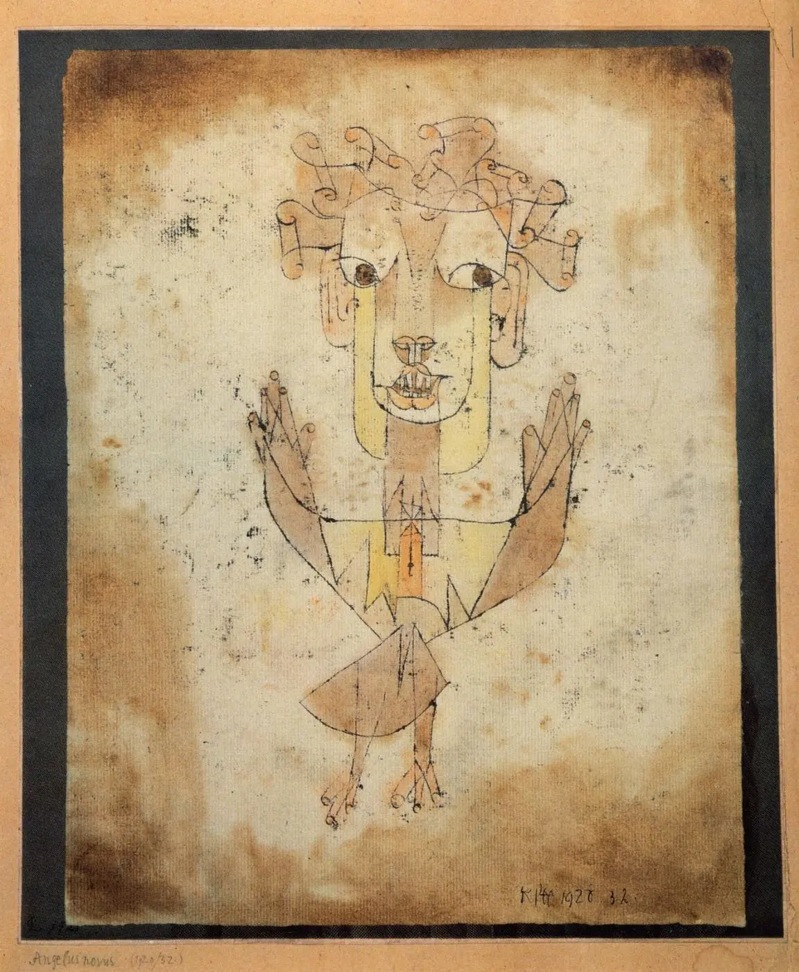 A stylized figure with a simplified facial expression, featuring large eyes, curly hair or headdress, and raised hands.