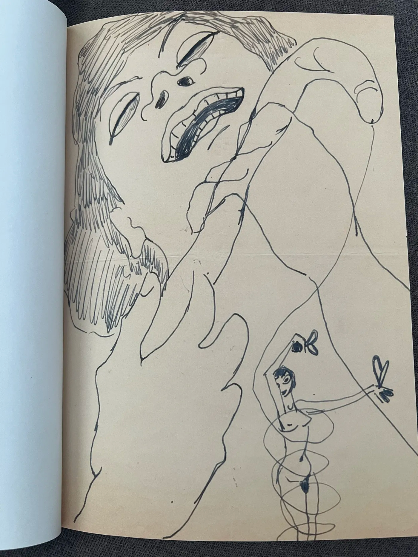 A drawing of a woman ecstatically holding a penis, which has a line coming out of it which swirls around a smaller woman.