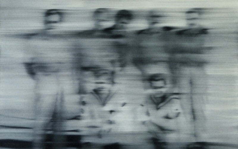Blurry grayscale painting of a group of sailors.
