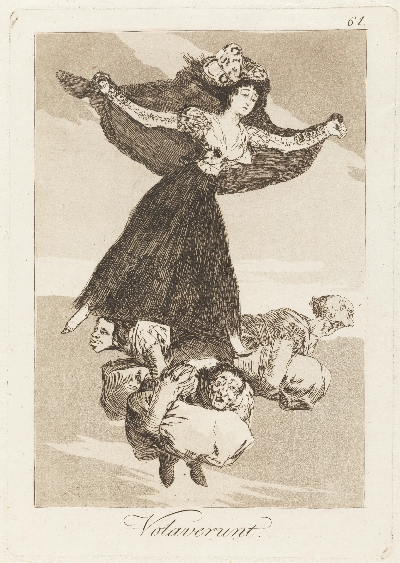 An etching depicting a woman with arms outstretched, a cloak behind her and butterfly wings on her 
        head. Beneath her three older women (witches) support her in flight.