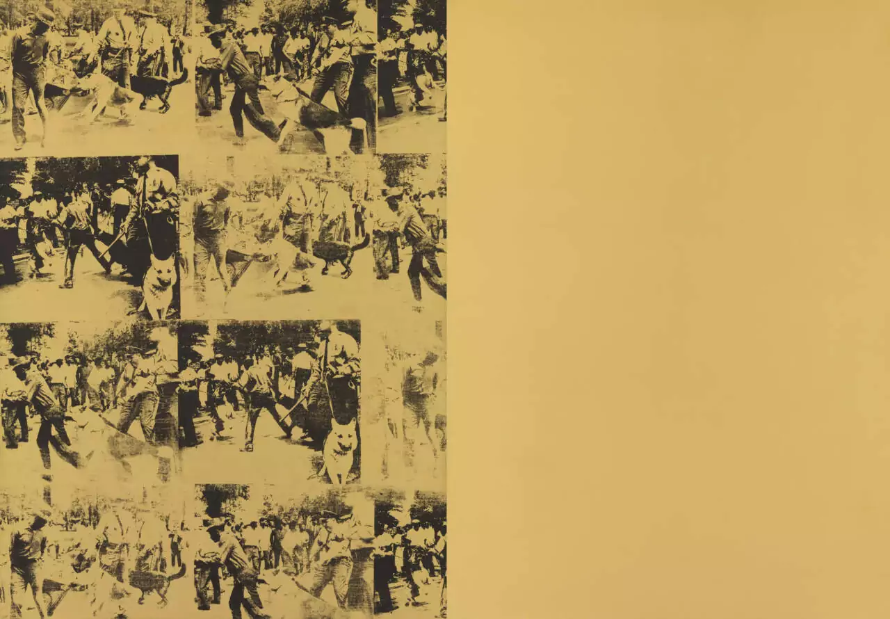 Andy Warhol diptych 'Mustard Race Riot'; left half consists of repeated images of black protesters being attacked by police dogs, right half is blank. The entire piece has mustard yellow background color.